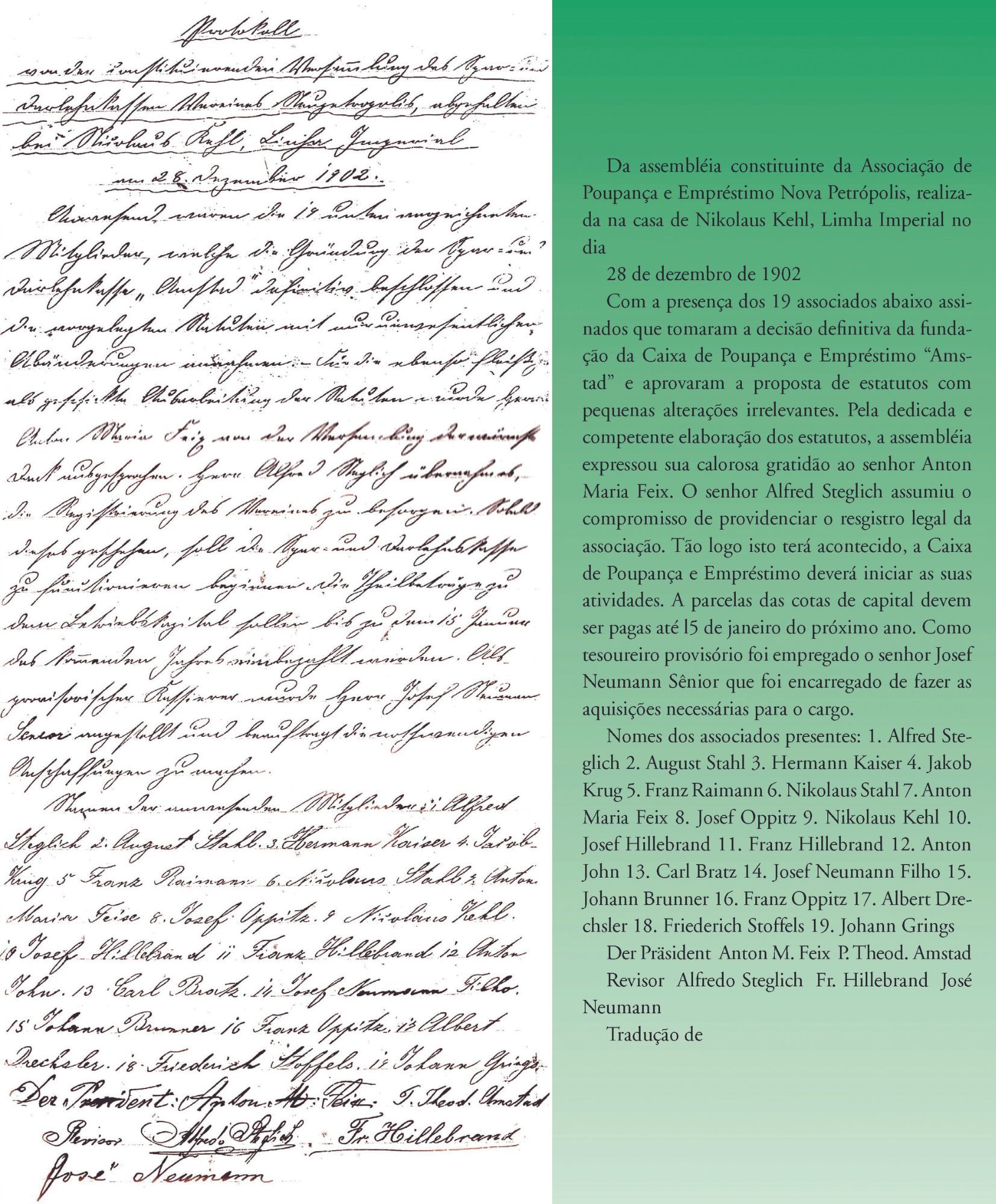 Imagem da ata de Fundação e imagem da tradução